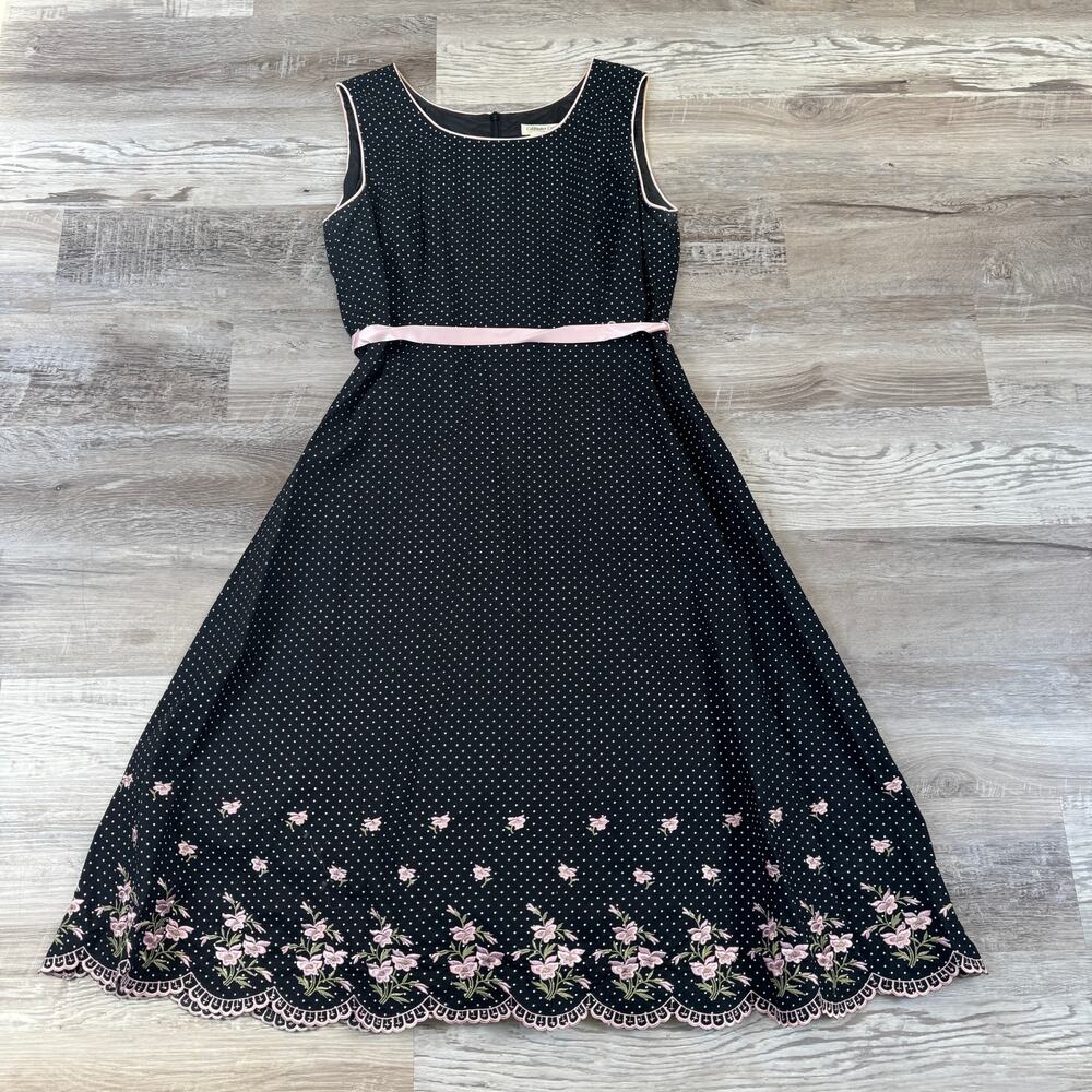 Vintage 90s Coldwater Creek Polka Dot Embroidered Modest Midi Dress Coquette 16
